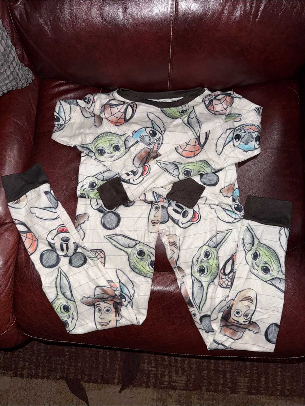 Kids White Character Print Pajama Set with Brown Trim